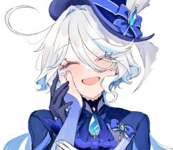  2girls :d ^_^ ahoge ascot blue_ascot blue_bow blue_gemstone blue_hair blue_headwear blue_jacket blue_nails blush bow brooch closed_eyes commentary_request eyelashes fingernails furina_(genshin_impact) gem genshin_impact hair_between_eyes hair_intakes hand_on_another&#039;s_cheek hand_on_another&#039;s_face hands_up happy_tears hat hat_bow jacket jewelry long_hair long_sleeves multicolored_hair multiple_girls nail_polish open_mouth parted_bangs pov pov_hands shinoo0915 sidelocks simple_background sleeves_past_wrists smile solo_focus streaked_hair swept_bangs tears tilted_headwear top_hat upper_body white_background white_hair 