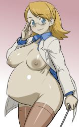 1girl blonde_hair blue_eyes blush breasts glasses jacket large_breasts nipples nude open_clothes pregnant smile solo standing tenseiani thighhighs rating:Explicit score:56 user:falloutghoul
