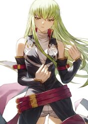  1girl belt breasts c.c. code_geass commentary_request cropped_legs detached_sleeves fagi_(kakikaki) green_hair long_hair long_sleeves looking_to_the_side medium_breasts paid_reward_available red_belt shorts simple_background smile solo standing turtleneck white_background white_shorts yellow_eyes 
