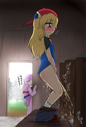 2girls ass baseball_cap blonde_hair blush clothes_pull hat highres multiple_girls pants pants_pull patchouli_knowledge peeing public_bathroom purple_hair standing toilet_use touhou urinal urinal_use yellow_eyes rating:Explicit score:38 user:akarin_akari