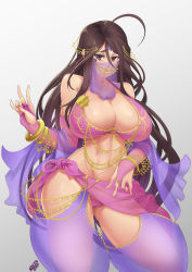  1girl aa_megami-sama ahoge arabian_clothes bad_id bad_pixiv_id bare_shoulders breasts bridal_gauntlets brown_eyes brown_hair cameltoe cleavage covered_erect_nipples curvy dancer harem_outfit highres huge_ahoge huge_breasts jewelry long_hair looking_at_viewer lots_of_jewelry mouth_veil navel aged_up see-through skuld_(aa_megami-sama) solo standing stomach stormcow thighs veil very_long_hair wide_hips  rating:Questionable score:201 user:dmysta3000