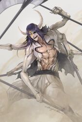  1boy abs absurdres arrancar black_hair bleach commentary_request crescent crescent_hair_ornament extra_arms facial_mark fighting_stance floating_hair foot_out_of_frame hair_ornament highres holding holding_scythe hole_in_head ikuyoan kubo_tite_(style) long_hair looking_afar muscular muscular_male nnoitra_gilga open_clothes open_mouth open_shirt pants parted_bangs red_eyes sand scythe shirt signature simple_background smile solo standing teeth torn_clothes torn_shirt white_pants white_shirt 