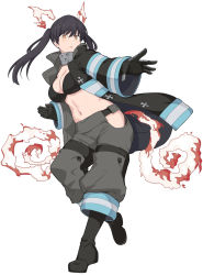  1girl animal_ears black_bow black_hair boots bow bra breasts cat_ears cleavage coat cross en&#039;en_no_shouboutai fire firefighter firefighter_jacket gloves hip_vent jacket looking_at_viewer medium_breasts medium_hair multiple_tails navel no_panties open_mouth pants shiseki_hirame simple_background solo tail tamaki_kotatsu twintails underwear white_background yellow_eyes  rating:Sensitive score:22 user:danbooru