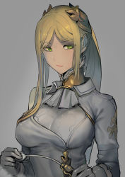 1girl ascot asymmetrical_hair black_gloves blonde_hair breasts closed_mouth collared_dress dress expressionless gloves green_eyes grey_background hairpods high_collar holding long_hair looking_at_viewer medium_breasts nier:automata nier_(series) parted_bangs ponytail riding_crop simple_background solo upper_body walzrj commander_(nier:automata) rating:Sensitive score:61 user:danbooru