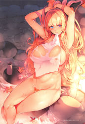  1girl bathing blonde_hair blue_eyes breasts cover_art female_focus highres large_breasts long_hair master_piece_the_animation mature_female mira_(master_piece) nipples nude official_art solo towel water wet  rating:Explicit score:49 user:jayage5ds