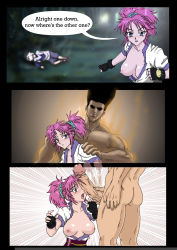  1girl 2boys absurdres blue_eyes blush breasts breasts_out clothed_female_nude_male comic english_text erection fingerless_gloves gloves gon_freecss highres hunter_x_hunter large_breasts large_penis machi_komacine multiple_boys nipples nude open_mouth penis penis_awe pink_hair ponytail rumania torn_clothes uncensored  rating:Explicit score:27 user:Dreamrender
