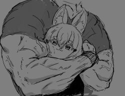  1boy 1girl :3 animal_ear_fluff animal_ears choke_hold closed_mouth greyscale h@nk hair_between_eyes highres hug looking_at_viewer monochrome muscular muscular_male phase_connect smile strangling tenma_maemi upper_body virtual_youtuber  rating:General score:15 user:danbooru
