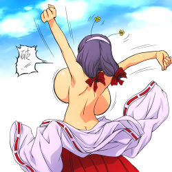 1girl \o/ arms_up back backboob blue_sky bouncing_breasts bow breasts butt_crack from_behind hair_bow hairband hataraki_ari huge_breasts japanese_clothes miko motion_lines original outstretched_arms purple_hair sky solo stretching topless twintails unaligned_breasts wardrobe_malfunction rating:Questionable score:113 user:danbooru