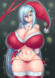  1girl bare_shoulders bikini blue_eyes blue_hair bluespice breasts christmas cleavage curvy female_focus hat highres huge_breasts long_hair looking_at_viewer narrow_waist navel night original outdoors red_bikini red_thighhighs santa_costume santa_hat snow snowing solo standing swimsuit thick_thighs thighhighs thighs very_long_hair wide_hips  rating:Questionable score:30 user:Xander