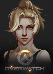  1girl absurdres alternate_eye_color bare_shoulders blonde_hair closed_mouth collarbone copyright_name emblem eyelashes eyeliner eyeshadow high_ponytail highres logo looking_at_viewer makeup mascara mercy_(overwatch) nose overwatch overwatch_1 pink_lips ponytail portrait short_ponytail sleeveless smile solo tank_top upper_body xiaoxiaoxiaomo yellow_eyes 