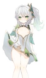 1girl absurdres bare_shoulders blush breasts breasts_out cleft_of_venus clothes_lift collarbone commentary_request cross-shaped_pupils dress dress_lift feet_out_of_frame female_focus genshin_impact gradient_hair green_eyes green_hair hair_between_eyes hair_ornament highres knees_together_feet_apart loli looking_at_viewer multicolored_hair nahida_(genshin_impact) no_panties pussy retri simple_background sleeveless sleeveless_dress small_breasts solo standing sweat symbol-shaped_pupils uncensored white_background white_dress white_hair rating:Explicit score:143 user:danbooru