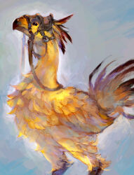  animal_focus beak bird black_eyes blue_background chocobo feathers feet_out_of_frame final_fantasy from_side no_humans no_lineart painterly reins solo xioiri 