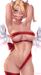  1girl alternate_hairstyle areola_slip armpits arms_up bad_id bad_pixiv_id blonde_hair blue_eyes bound bound_wrists breasts cameltoe gagged gluteal_fold gtunver heart heart-shaped_pupils large_breasts mercy_(overwatch) naked_ribbon navel overwatch overwatch_1 pink_mercy ribbon short_twintails simple_background solo stomach symbol-shaped_pupils twintails wings  rating:Questionable score:33 user:danbooru