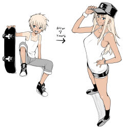  1girl :d age_progression ankle_socks aqua_eyes black_socks blonde_hair blouse breasts cleavage dark-skinned_female dark_skin dual_persona english_text flat_color from_above from_side hand_on_own_hip hat hat_tip legs_apart long_hair looking_at_viewer open_mouth original pants pants_rolled_up shirt short_hair shorts simple_background sitting skateboard sleeveless sleeveless_shirt smile socks solo spread_legs standing tan tanline teeth tomboy velzhe watch white_background wristband wristwatch  rating:Questionable score:189 user:danbooru