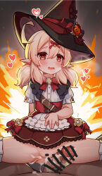 1boy 1girl absurdres after_vaginal aftersex bar_censor blonde_hair blush bow bowtie censored commentary_request cowgirl_position cum cum_in_pussy cumdrip dress dress_bow drooling flat_chest genshin_impact hair_between_eyes hair_ribbon hat heart heart_in_eye hetero highres klee_(blossoming_starlight)_(genshin_impact) klee_(genshin_impact) loli luxuriou_s medium_hair mixed-language_commentary no_panties official_alternate_costume open_mouth paid_reward_available penis pov pov_crotch pussy pussy_juice red_bow red_bowtie red_eyes red_ribbon ribbon short_dress short_sleeves solo_focus spread_legs straddling symbol_in_eye twintails variant_set veins veiny_penis witch_hat rating:Explicit score:135 user:danbooru