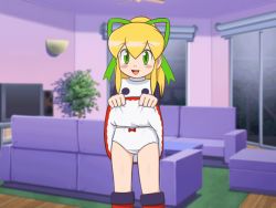  1girl :d animated animated_gif blonde_hair blush blush_stickers boots capcom cleft_of_venus clothes_lift dress dress_lift female_focus goldmondsel green_eyes hair_ornament hair_ribbon high_ponytail indoors loli long_hair looking_at_viewer mega_man_(classic) mega_man_(series) open_mouth panties panty_pull ponytail pussy ribbon roll_(mega_man) short_dress smile solo standing uncensored underwear  rating:Explicit score:109 user:sytalidis