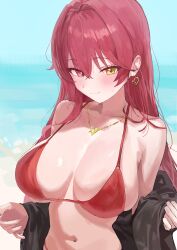  1girl absurdres bikini blush breasts cleavage closed_mouth collarbone commentary dangle_earrings earrings eyelashes hair_between_eyes hair_down hair_intakes heterochromia highres hololive houshou_marine jacket jewelry large_breasts long_hair looking_at_viewer midriff navel necklace off_shoulder open_clothes open_jacket outdoors red_bikini red_eyes skindentation smile solo sweat swimsuit tay_(cdjk7758) upper_body virtual_youtuber yellow_eyes  rating:Sensitive score:12 user:danbooru