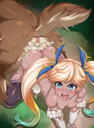  10s 1girl all_fours animal_penis anus ass-to-ass bent_over bestiality blonde_hair blue_eyes blue_hair breasts coco_ankou cum cum_in_pussy cumdrip doggystyle elbow_gloves forest gloves gradient_hair granblue_fantasy green_hair highres io_(granblue_fantasy) kneeling knotted_penis kokoankou long_hair multicolored_hair nature nipples nude open_mouth cum_overflow penis sex sex_from_behind small_breasts solo_focus tail tears testicles thighhighs twintails uncensored vaginal wolf 