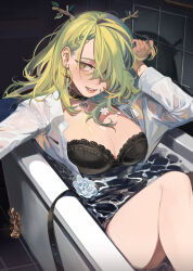  1girl antlers bath bathing bathtub belt bra braid braided_bangs breasts ceres_fauna claw_foot_bathtub cleavage collared_shirt eus_ing green_hair hair_ornament highres hololive hololive_english horns lace lace-trimmed_bra lace_trim large_breasts long_hair long_sleeves mole mole_under_eye multicolored_hair parted_lips partially_submerged shirt sitting solo underwear virtual_youtuber water wet yellow_eyes 