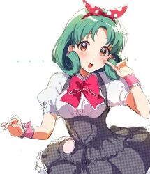  1girl blush bow bowtie breasts brown_eyes curly_hair dress earrings finger_to_cheek green_hair grey_dress hairband hand_up idolmaster idolmaster_million_live! idolmaster_million_live!_theater_days index_finger_raised jewelry looking_at_viewer medium_breasts open_mouth parted_bangs pink_bow pink_bowtie pink_wrist_cuffs polka_dot_hairband puffy_short_sleeves puffy_sleeves red_hairband shirt short_hair short_sleeves simple_background solo tokugawa_matsuri upper_body white_background white_shirt wrist_cuffs yoshisawa 