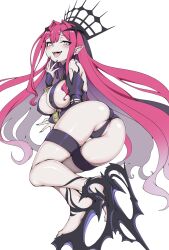  1girl ass baobhan_sith_(fate) baobhan_sith_(second_ascension)_(fate) bare_shoulders black_panties blush bracelet breasts covered_erect_nipples detached_sleeves earrings fangs fate/grand_order fate_(series) fingernails full_body grey_eyes half-closed_eyes hand_up high_heels highres hoop_earrings jewelry large_breasts laughing long_hair looking_at_viewer looking_back lying on_side open_mouth panties partially_visible_vulva pink_hair pointy_ears revealing_clothes senbei_(avocadochaya) sharp_fingernails sideboob sidelocks smug solo spiked_bracelet spikes thighs tiara tongue underwear vampire very_long_hair white_background 