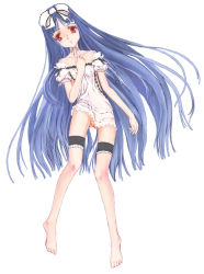  1girl bare_shoulders blue_hair cleft_of_venus clothes_lift dress dress_lift expressionless flat_chest full_body garter_belt gluteal_fold hair_spread_out hand_on_own_chest loli long_hair looking_at_viewer lying open_mouth original petite pussy pussy_peek red_eyes ribbon see-through thigh_strap thighhighs very_long_hair white_background white_ribbon yunoka_gashu 