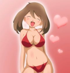  1girl artist_request bikini blush breasts brown_hair cleavage closed_eyes creatures_(company) female_focus game_freak heart large_breasts long_hair may_(pokemon) midriff nintendo open_mouth pokemon simple_background smile swimsuit  rating:Questionable score:79 user:AnthonyHighTimes