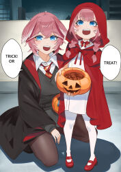  2girls :d absurdres black_robe blue_eyes bow bowtie braid brown_pantyhose building candy child choker cloak collared_shirt cosplay dress dress_shirt dual_persona food gradient_hair grey_skirt grey_sweater gryffindor hair_wings halloween halloween_bucket harry_potter_(series) head_wings highres hogwarts_school_uniform hololive hood hood_up jack-o&#039;-lantern kneeling little_red_riding_hood_(grimm) little_red_riding_hood_(grimm)_(cosplay) long_hair long_sleeves looking_at_viewer miniskirt mother_and_daughter multicolored_hair multiple_girls necktie night open_mouth paid_reward_available pantyhose pink_hair pumpkin red_bow red_bowtie red_cloak red_hood red_necktie robe school_uniform shirt short_hair skirt smile speech_bubble standing sweater takane_lui trick_or_treat twin_braids virtual_youtuber white_choker white_dress white_hair white_pantyhose white_shirt wing_collar wings wizarding_world yan_jhia 