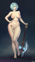  1girl artist_name axe battle_axe blue_eyes blue_hair breasts commentary commission curvy dark_background english_commentary erection eyebrows full_body futanari hair_between_eyes hand_on_own_hip hand_on_weapon highres large_breasts large_penis light_blue_hair mavezar navel nipples nude original pale_skin penis penis_piercing piercing runes short_hair simple_background smirk solo stomach testicles thick_eyebrows thick_thighs thighs veins veiny_penis weapon  rating:Explicit score:51 user:futaisgood