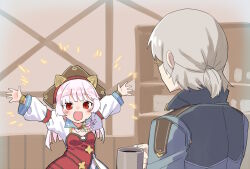  1boy 1girl :d arms_up breasts brown_headwear commentary_request cup dress fiora_ariete glasses grey_hair grey_jacket highres holding holding_cup indoors jacket long_hair long_sleeves mug open_mouth original outstretched_arms paffendorf pink_hair ponytail puffy_long_sleeves puffy_sleeves red_dress red_eyes sekira_ame shirt small_breasts smile white_shirt 