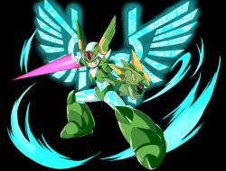  1boy absurdres alternate_costume arm_cannon armor energy_sword energy_wings green_armor green_helmet highres holding holding_sword holding_weapon m11xgirby male_focus mega_man_(series) mega_man_x_(series) mega_man_x_dive mega_man_zero_(series) neon_trim sage_harpuia_(mega_man) simple_background solo sword weapon white_background 