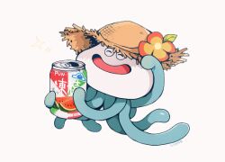 ^_^ brown_hat can closed_eyes commentary_request dragon_quest drink flower food fruit hat hat_flower holding holding_can linne_(hld_doreko) man_o&#039;_war_(dragon_quest) no_humans open_mouth orange_flower simple_background smile solo straw_hat watermelon white_background