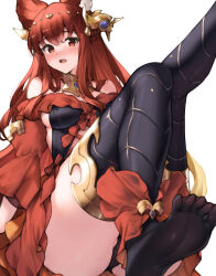  1girl animal_ears anthuria black_thighhighs blush breasts commentary_request erune granblue_fantasy hair_ornament highres koretsuki_azuma leg_up long_hair looking_at_viewer medium_breasts open_mouth red_eyes red_hair simple_background soles solo thighhighs thighs toes white_background 