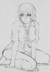  1girl breasts drawing female_focus highres lineart monochrome short_hair shy sketch socks solo  rating:Sensitive score:4 user:almond_jack