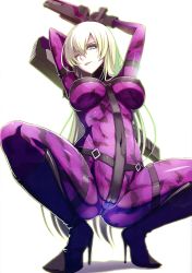  10s 1girl absurdres aqua_eyes arm_behind_head arms_up blonde_hair bodysuit boots breasts cameltoe colored_eyelashes covered_erect_nipples covered_navel female_focus gun gunslinger_stratos high_heels highres large_breasts legs long_hair looking_at_viewer olga_janetine one_eye_closed ookuma_nekosuke shoes simple_background skin_tight smile solo spread_legs squatting thighs tongue tongue_out very_long_hair weapon white_background wink  rating:Questionable score:73 user:Shadnic