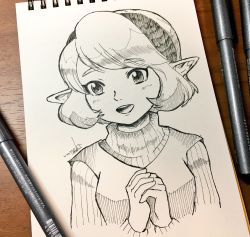  art_tools_in_frame greyscale hairband highres monochrome nintendo nonoworks own_hands_together pointy_ears saria_(zelda) short_hair solo sweater the_legend_of_zelda the_legend_of_zelda:_ocarina_of_time turtleneck turtleneck_sweater  rating:Sensitive score:17 user:danbooru