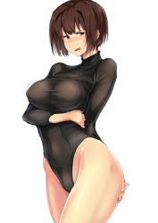 10s 1girl bad_id bad_pixiv_id blush breast_hold breasts brown_eyes brown_hair covered_erect_nipples covered_navel cowboy_shot curvy hand_on_own_ass hyuuga_(kancolle) kantai_collection large_breasts leotard looking_at_viewer navel open_mouth pantyhose short_hair simple_background solo standing sweater ulrich_(tagaragakuin) white_background white_pantyhose wide_hips rating:Questionable score:26 user:danbooru