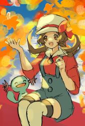  1girl :d asatte_3z autumn_leaves blue_overalls bow breasts brown_hair cabbie_hat creatures_(company) game_freak gen_2_pokemon hands_up hat hat_bow highres long_hair lyra_(pokemon) medium_breasts nintendo open_mouth orange_eyes overalls pokemon pokemon_(creature) pokemon_hgss red_bow sitting sleeves_past_elbows smile teeth thighhighs twintails upper_teeth_only white_hat white_thighhighs wooper  rating:General score:1 user:danbooru