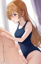  1boy 1girl absurdres blue_one-piece_swimsuit blurry blurry_background blush breasts brown_hair censored clothing_aside commentary_request completely_nude girl_on_top hair_ornament hands_on_another&#039;s_chest highres konoe_kanata long_hair looking_at_another love_live! love_live!_nijigasaki_high_school_idol_club medium_breasts mosaic_censoring nude one-piece_swimsuit open_mouth purple_eyes school_swimsuit sex swimsuit swimsuit_aside tata_(tataice) wet 