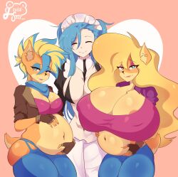 3girls absurdres akeno(itsnafulol) apron big_belly bikini blonde_hair blue_hair breasts cleavage crash_bandicoot_(series) denim fingerless_gloves furry furry_female furry_with_non-furry futanari gloves hair_between_eyes height_difference highres huge_breasts if_they_mated interspecies jeans large_breasts looking_at_viewer louisesait maid maid_apron maid_bikini maid_headdress multicolored_hair multiple_girls orange_fur pants pregnant scarf smile swimsuit tail tawna_bandicoot tawna_bandicoot_(it&#039;s_about_time) thick_thighs thighs tomboy twintails unconventional_maid 