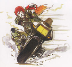  1980s_(style) amano_yoshitaka armor body_armor child commentary debris dust_cloud english_commentary hat holding_own_head kikou_souseiki_mospeada light machinery mecha mint_labule missile missile_pod mospeada mospeada_(mecha) motion_lines motor_vehicle motorcycle official_art oldschool orange_hair painting_(medium) power_armor production_art promotional_art ray_(mospeada) red_hair retro_artstyle ride_armor riding robot scan science_fiction signature size_difference smirk tire traditional_media watercolor_(medium) 
