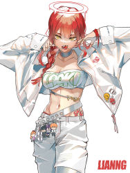  1girl absurdres artist_name belt braid braided_ponytail breasts chain chainsaw_man character_doll cleavage clothes_writing collar collarbone cowboy_shot denji_(chainsaw_man) english_text flame_print groin hair_over_shoulder halo hands_up hayakawa_aki highres jacket jewelry lianng long_hair long_sleeves looking_at_viewer makima_(chainsaw_man) medium_breasts melting melting_halo midriff mouth_hold navel necklace open_mouth pants pendant power_(chainsaw_man) razor_blade red_hair reze_(chainsaw_man) ring ringed_eyes simple_background skull_print smiley_face solo sticker stomach_tattoo strapless tattoo toned tongue tube_top white_background white_jacket white_pants yellow_eyes zipper  rating:Sensitive score:33 user:danbooru