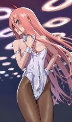 1girl absurdres alternate_breast_size arm_behind_back armband bare_shoulders bow bowtie breasts brown_pantyhose chainsaw_man cleavage clenched_teeth commentary_request covered_navel forehead hair_between_eyes hand_on_own_hip highleg highleg_leotard highres horns leotard long_hair medium_breasts pantyhose pink_hair playboy_bunny pointy_nose power_(chainsaw_man) sharp_teeth solo some1else45 strapless strapless_leotard sweatdrop teeth v-shaped_eyebrows white_bow white_bowtie white_leotard wrist_cuffs yellow_eyes rating:Sensitive score:57 user:danbooru