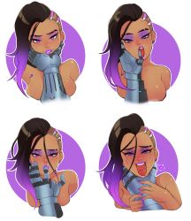 absurdres breasts dark_skin finger_sucking finger_to_mouth g1138 heart heart-shaped_pupils highres licking licking_finger mexico overwatch overwatch_1 purple_eyes purple_hair sombra_(overwatch) strangling symbol-shaped_pupils tongue topless rating:Questionable score:65 user:report_yasuo_4_feed