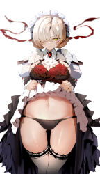 1girl alternate_breast_size azur_lane black_dress black_panties blonde_hair blush braid breasts cleavage clothes_lift dress dress_lift expressionless frilled_dress frills frown groin hair_over_one_eye hands_up hip_focus lace lace-trimmed_thighhighs large_breasts lifting_own_clothes long_sleeves maid_headdress midriff navel panties raru_(nanaharararu) red_ribbon ribbon sheffield_(meta)_(azur_lane) short_hair solo thigh_gap thighhighs thighs underwear yellow_eyes rating:Sensitive score:29 user:danbooru