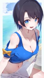  1girl absurdres bikini black_hair blue_bikini blue_eyes blue_sky breasts cleavage cloud collarbone commentary_request day highres hololive looking_at_viewer mikaku navel ocean oozora_subaru open_mouth outdoors overalls short_hair sky smile solo stomach swimsuit virtual_youtuber white_overalls 