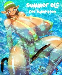  1girl beach black_eyes blush breasts covered_erect_nipples curvy dark_skin elf gigantic_breasts green_hair highres ocean open_mouth pointy_ears puffy_nipples rhemora thick_thighs thighs water wide_hips  rating:Questionable score:22 user:annon91