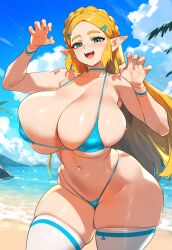 1girl ai-generated beach bikini blonde_hair blue_bikini blue_sky blush braid breasts choker clawed_fingers cleavage cloud cloudy_sky cur curvy eyelashes female green_eyes hair_ornament hairclip half-closed_eyes hips huge_breasts long_hair looking_at_viewer micro_bikini navel nenelulucy nintendo ocean open_mouth outdoors pointy_ears princess_zelda seaside skimpy_bikini skimpy_clothes sky smile solo sparkle standing sweat swimsuit swimwear tagme the_legend_of_zelda the_legend_of_zelda:_breath_of_the_wild thick_thighs thighhighs thighs wide_hips wristwear zelda_(breath_of_the_wild) 