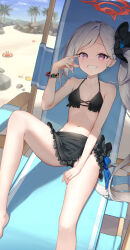  1girl animal bare_arms bare_legs bare_shoulders barefoot beach bikini black_bikini blue_archive blush breasts collarbone crab day fingernails grey_hair grin halo hanavvi highres long_hair looking_at_viewer mutsuki_(blue_archive) navel outdoors palm_tree pink_eyes pointy_ears red_halo side_ponytail small_breasts smile solo swimsuit tree 