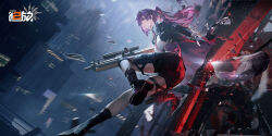  1girl boots building bullpup city cityscape copyright_name fingerless_gloves girls&#039;_frontline_2:_exilium gloves gun highres holding holding_gun holding_weapon logo long_hair night official_art purple_eyes purple_hair rain rifle scope second-party_source sniper_rifle solo wa2000_(girls&#039;_frontline) walther walther_wa_2000 weapon 